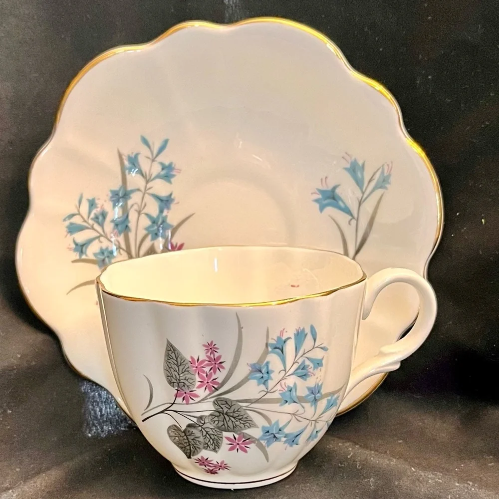 Vintage English Castle 22K Gold Trim Blue Lily Bone China Teacup Saucer Set Tea